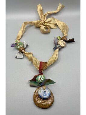 Teresa Goodall Vintage Artisan Ribbon Pottery Bead Necklace Unique